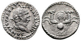 Divus Vespasian, AD 80-81. AR Denarius. (17,6 mm. 3,07 g.). Rome. Struck under Titus. DIVVS AVGVSTVS VESPASIANVS, laureate head right. Rev. Two capric...