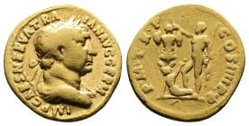 Trajan, AD 98-117 AV Aureus. (18,7mm. 6,99 g.). AD 101-102, Rome. IMP CAES NERVA TRAIAN AVG GERM, laureate and draped bust right. Rev. PM TRP COS IIII...