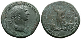 Trajan, AD 98-117. AE Sestertius. (35,6 mm. 27,2 g.). AD 116-117, Rome. IMP CAES NER TRAIANO OPTIMO AVG GER DAC PARTHICO P M TR P COS VI P P, laureate...