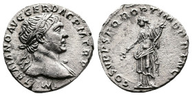 Trajan, AD 98-117. AR Denarius. (17,8mm. 3,23 g.). AD 109-110, Rome. IMP TRAIANO AVG GER DAC P M TR P, laureate head right, slight drapery on left sho...