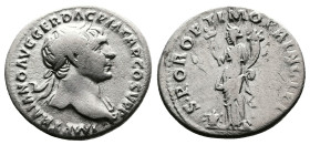 Trajan, AD 98-117. AR Denarius. (19,0mm. 3,15 g.). AD 103-104, Rome. IMP TRAIANO AVG GER DAC PM TRP COS V P P, laureate head right, slight drapery on ...