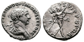 Trajan, AD 98-117. AR Denarius. (17,64mm. 3,28 g.). AD 116-117, Rome. IMP CAES NER TRAIAN OPTIM AVG GERM DAC, laureate, draped and cuirassed bust righ...