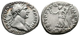 Trajan, AD 98-117. AR Denarius. (19,37mm. 3,24 g.). AD 103-111, Rome. IMP TRAIANO AVG GER DAC PM TR P, laureate head right, slight drapery on left sho...