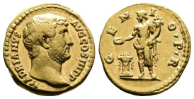 Hadrian, AD 117-138 AV Aureus. (18,5mm. 7,09 g.). AD 136, Rome. HADRIANVS AVG COS III P P, bare head right. Rev. GENIO PR, Genius standing left by alt...