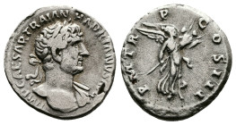 Hadrian, AD 117-138 AR Denarius. (17,2mm. 3 g.). AD 119-122, Rome. IMP CAESAR TRAIAN HADRIANVS AVG, laureate bust right, slight drapery on left should...