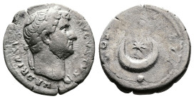 Hadrian, AD 117-138. AR Denarius. (17,6 mm. 2,91 g.). AD 132, Rome. HADRIANVS AVGVSTVS, laureate head right. Rev. COS III, crescent and one star, glob...