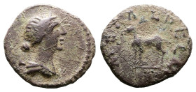 Hadrian, AD 117-161. AE Quadrans. (14,7 mm. 1,97 g.). Rome. No legend, Diademed and draped bust of Diana right, quiver over shoulder. Rev. METAL DELM,...