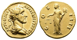Antoninus Pius, AD 138-161. AV Aureus. (18,7mm. 6,91 g.). AD 149-150, Rome. ANTONINVS AVG PIVS PP TR P XII, laureate, draped bust right. Rev. COS IIII...