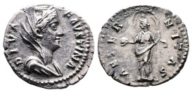 Diva Faustina I, AD 140-141. AR Denarius. (18,7mm. 3,23 g.). Rome. DIVA FAVSTINA, draped bust right. Rev. AETERNITAS, Providentia standing left, holdi...