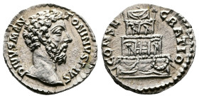 Marcus Aurelius posthumous, AD 180. Struck under Commodus. AR Denarius. (17,8mm. 3,42 g.). Rome. DIVVS M ANTONINVS PIVS, bare head right. Rev. CONSECR...