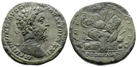 Marcus Aurelius, AD 161-180. AE Sestertius. (31,8mm. 24,07 g.). AD 176-177, Rome. M ANTONINVS AVG GERM SARM TRP XXXI, laureate head right. Rev. IMP VI...