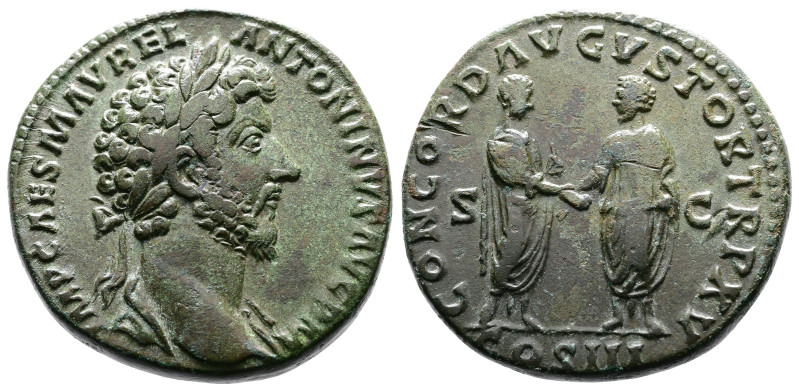 Marcus Aurelius, AD 161. AE Sestertius. (30,4mm. 23,7 g.). Rome. IMP CAES M AVRE...