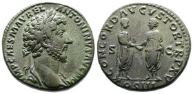Marcus Aurelius, AD 161. AE Sestertius. (30,4mm. 23,7 g.). Rome. IMP CAES M AVREL ANTONINVS AVG P M, laureate head right with slight drapery on both s...