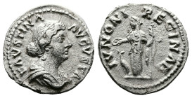 Faustina II, AD 161-167. AR Denarius. (17,5mm. 2,9 g.). Rome. FAVSTINA AVGVSTA, draped bust right. Rev. IVNONI REGINAE, Juno standing left, holding pa...