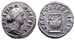 Faustina II, AD 161-167. AR Denarius. (16,5mm. 3,24 g.). Rome. FAVSTINA AVGVSTA, draped bust right. Rev. SAECVLI FELICIT, two children (Commodus and A...