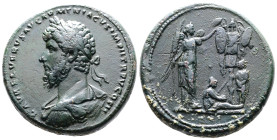 Lucius Verus, AD 161-169. AE Medallion. (38 mm. 46,18 g.). AD 165, Rome. L AVREL VERVS AVG ARMENIACVS IMP II TR P V COS II, laureate, draped and cuira...