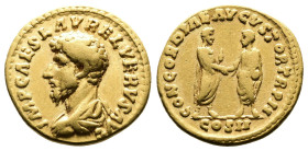Lucius Verus, AD 161-169. AV Aureus. (18,4mm. 6,85 g.). AD 162, Rome. IMP CAES L AVREL VERVS AVG, bare-headed and draped bust left, seen from behind. ...