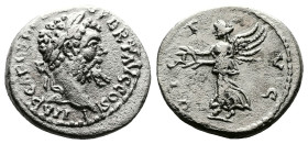 Septimius Severus, AD 193-211. AR Denarius. (18,2 mm. 3,42 g.). AD 194-195, Emesa. IMP CAE L SEP SEV PERT AVG COS II, laureate head right. Rev. VICT A...