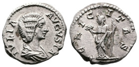 Julia Domna, AD 198-207. AR denarius. (17,7 mm. 3,08 g.). Rome. IVLIA AVGVSTA, draped bust right. Rev. FELICITAS, Felicitas standing left, holding sho...