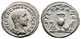 Maximus, AD 235-238. AR denarius. (20,7 mm. 2,2 g.). Rome. IVL VERVS MAXIMVS CAES, bare-headed, draped bust right. Rev. PIETAS AVG, sacrificial implem...