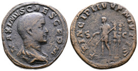 Maximus, AD 235-238. AE Sestertius. (31,3 mm. 21,4 g.). Rome. MAXIMVS CAES GERM, bare-headed, draped bust right. Rev. PRICIPI IVVENTVTIS, S-C, Maximus...