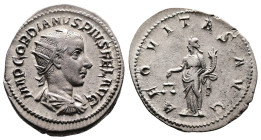 Gordian III, AD 238-244. AR Antoninianus. (21,1 mm. 4,3 g.). AD 240, Rome. IMP GORDIANVS PIVS FEL AVG, radiate, draped and cuirassed bust right. Rev. ...