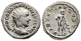 Gordian III, AD 238-244. AR Antoninianus. (22,7 mm. 4,2 g.). AD 241-243, Rome. IMP GORDIANVS PIVS FEL AVG, radiate, draped and cuirassed bust right. R...