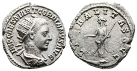 Gordian III, AD 238-243. AR Antoninianus. (21,1 mm. 4,9 g.). AD 241-243 Antioch. IMP CAES M ANT GORDIANVS AVG, radiate, draped and cuirassed bust righ...