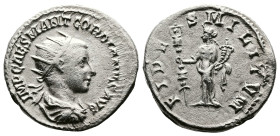 Gordian III, AD 238-244. AR Antoninianus. (22,6 mm. 4,8 g.). AD 238-239, Antioch. IMP CAES M ANT GORDIANVS AVG, radiate, draped and cuirassed bust rig...