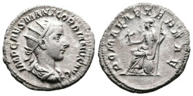 Gordian III, AD 238-244. AR Antoninianus. (22,3 mm. 3,5 g.). AD 238-239, Antioch. IMP CAES M ANT GORDIANVS AVG, radiate, draped and cuirassed bust rig...