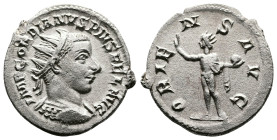 Gordian III, AD 238-244. AR Antoninianus. (22,7 mm. 4,3 g.). AD 242-244, Antioch. IMP GORDIANVS PIVS FEL AVG, radiate, cuirassed bust right, seen from...