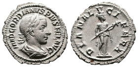 Gordian III, AD 238-244. AR Denarius. (20,6 mm. 2 g.). AD 241, Rome. IMP GORDIANVS PIVS FEL AVG, laureate, draped and cuirassed bust right. Rev. DIANA...