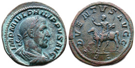 Philip I, AD 244–249. AE Sestertius. (31,7 mm. 22,8 g.). Rome. IMP M IVL PHILIPPVS AVG, laureate, draped and cuirassed bust right. Rev. ADVENTVS AVGG,...