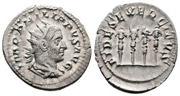 Philip I, AD 244–249. AR Antoninianus. (22,7 mm. 4,4 g.). Rome. IMP PHILIPPVS AVG, radiate, draped and cuirassed bust right. Rev. FIDES EXERCITVS, thr...