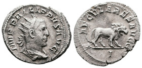 Philip I, AD 244–249. AR Antoninianus. (23,7 mm. 3,5 g.). Rome. IMP PHILIPPVS AVG, radiate, draped and cuirassed bust right. Rev. SAECVLARES AVGG, lio...