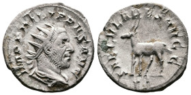 Philip I, AD 244–249. AR Antoninianus. (22,3 mm. 2,5 g.). Rome. IMP PHILIPPVS AVG, radiate, draped and cuirassed bust right. Rev. SAECVLARES AVGG, goa...