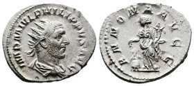 Philip I, AD 244–249. AR Antoninianus. (23,5 mm. 3,4 g.). Rome. IMP M IVL PHILIPPVS AVG, radiate, draped and cuirassed bust right. Rev. ANNONA AVGG. A...