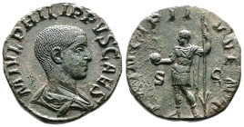 Philip II, AD 244–249. AE Sestertius. (27,8 mm. 12,87 g.). Rome. M IVL PHILIPPVS CAES, bare-headed, draped bust right. Rev. PRINCIPI IVVENT S-C, Phili...