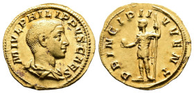 Philip II, AD 244–249. AV Aureus. (20,5 mm. 4,4 g.). Rome. M IVL PHILIPPVS CAES, bare-headed, draped bust right. Rev. PRINCIPI IVVENT, Philip II stand...