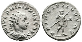Philip II, AD 244–249. AR Antoninianus. (21,3 mm. 3,26 g.). Rome. M IVL PHILIPPVS CAES, radiate, draped and cuirassed bust right. Rev. PRINCIPI IVVENT...