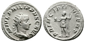Philip II, AD 244–249. AR Antoninianus. (21,9 mm. 4,1 g.). Rome. M IVL PHILIPPVS CAES, radiate, draped and cuirassed bust right. Rev. PRINCIPI IVVENT,...