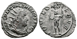 Valerian I, AD 253-260. AR Antoninianus. (21,3 mm. 3,3 g.). Rome. IMP C P LIC VALERIANVS AVG, radiate, draped bust right. Rev. IOVI CONSERVA, Jupiter ...