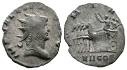 Gallienus, AD 259. Billon Antoninianus. (18,6 mm. 1,94 g.), Milan. IMP GALLIENVS AVG, radiate head right. Rev. PM TR P VII COS, Emperor driving quadri...