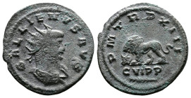 Gallienus, AD 253-268. Billon Antoninianus. (21,4 mm. 3,6 g.). Antioch. GALLIENVS AVG, radiate, draped bust right. Rev. PM TR P XIII, lion walking lef...