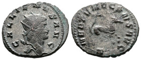 Gallienus, AD 253-268. Billon Antoninianus. (22,4 mm. 3,4 g.). Rome. GALLIENVS AVG, radiate head right. Rev. MERCVRIO CONS AVG, Criocamp springing rig...