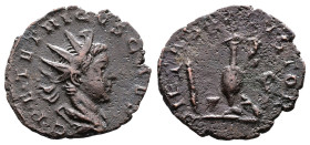 Tetricus II, AD 270-273. AE antoninianus. (18,8 mm. 1,6 g.). Gaul. C P E TETRICVS CAES, radiate, draped bust right. Rev. PIETAS AVGVSTOR, Sacrificial ...