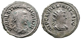 Vabalathus and Aurelian, AD 271-272. AE Antoninianus. (22,1 mm. 3 g.). Antioch. VABALATHVS VCRIM DR, laureate, draped bust of Vabalathus right. Rev. I...