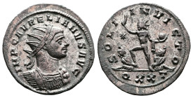 Aurelian, AD 270-275. AE Antoninianus. (22,2 mm. 3,3 g.). Ticinum. IMP C AVRELIANVS AVG, radiate, cuirassed bust right. Rev. SOLI INVICTO, Sol walking...