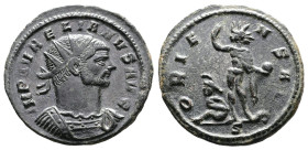 Aurelian, AD 270-275. AE Antoninianus. (22,8 mm. 4,2 g.). Siscia. IMP AVRELIANVS AVG, radiate, cuirassed bust right. Rev. ORIENS AVG, Sol standing lef...