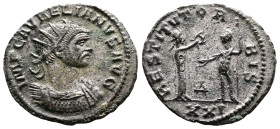 Aurelian, AD 270-275. AE antoninianus. (23,5 mm. 3,4 g.). Antioch. IMP C AVRELIANVS AVG, radiate, cuirassed bust right. Rev. RESTITVT ORBIS, woman sta...